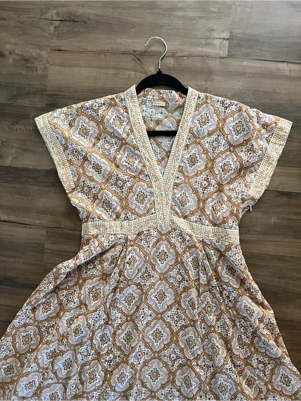 Matta Printed Midi Dress in Beige and White